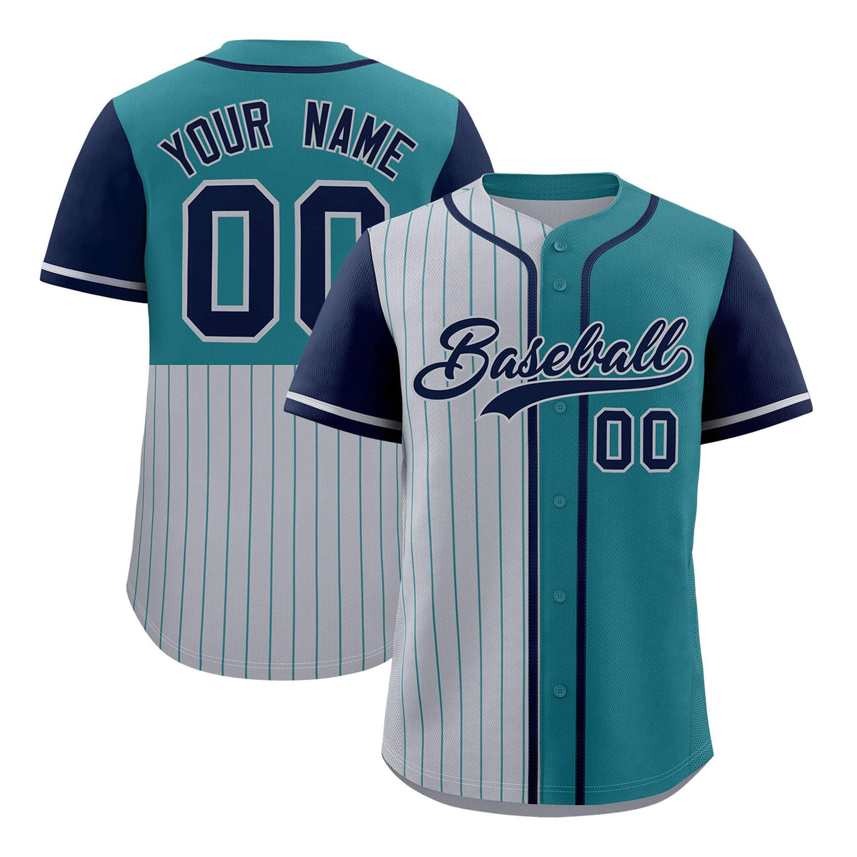 Custom Gray Teal and Navy Pinstripe Personalized Raglan Sleeves Authentic Baseball Jersey