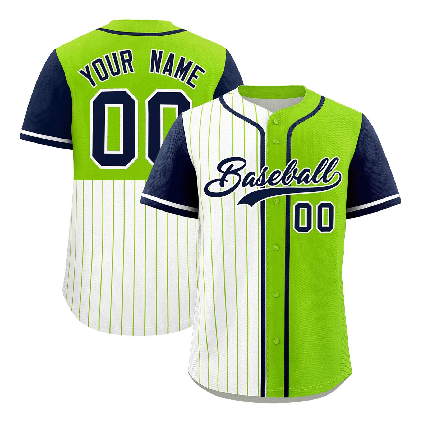Custom White Neon Green and Navy Pinstripe Personalized Raglan Sleeves Authentic Baseball Jersey