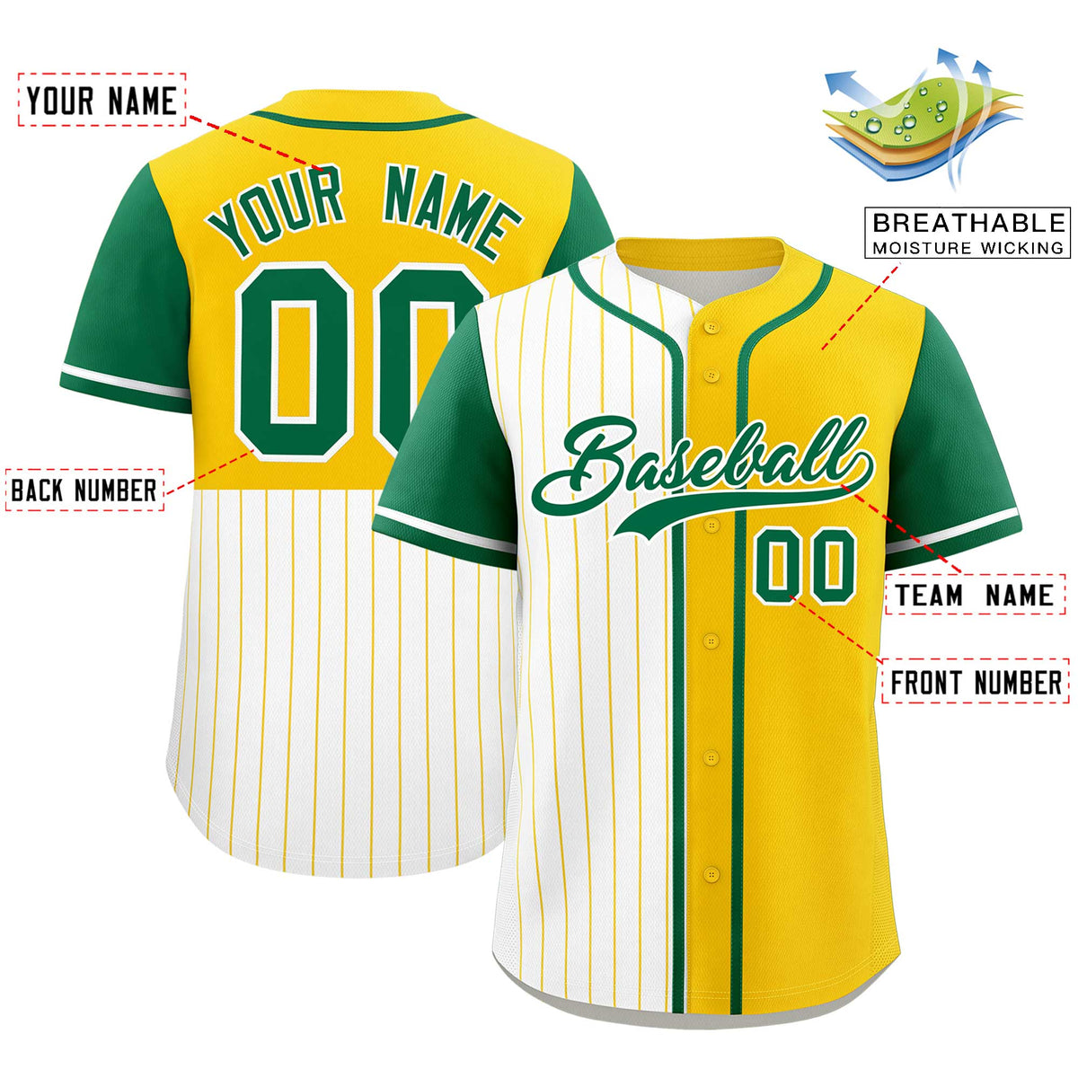Custom White Gold and Kelly Green Pinstripe Personalized Raglan Sleeves Authentic Baseball Jersey