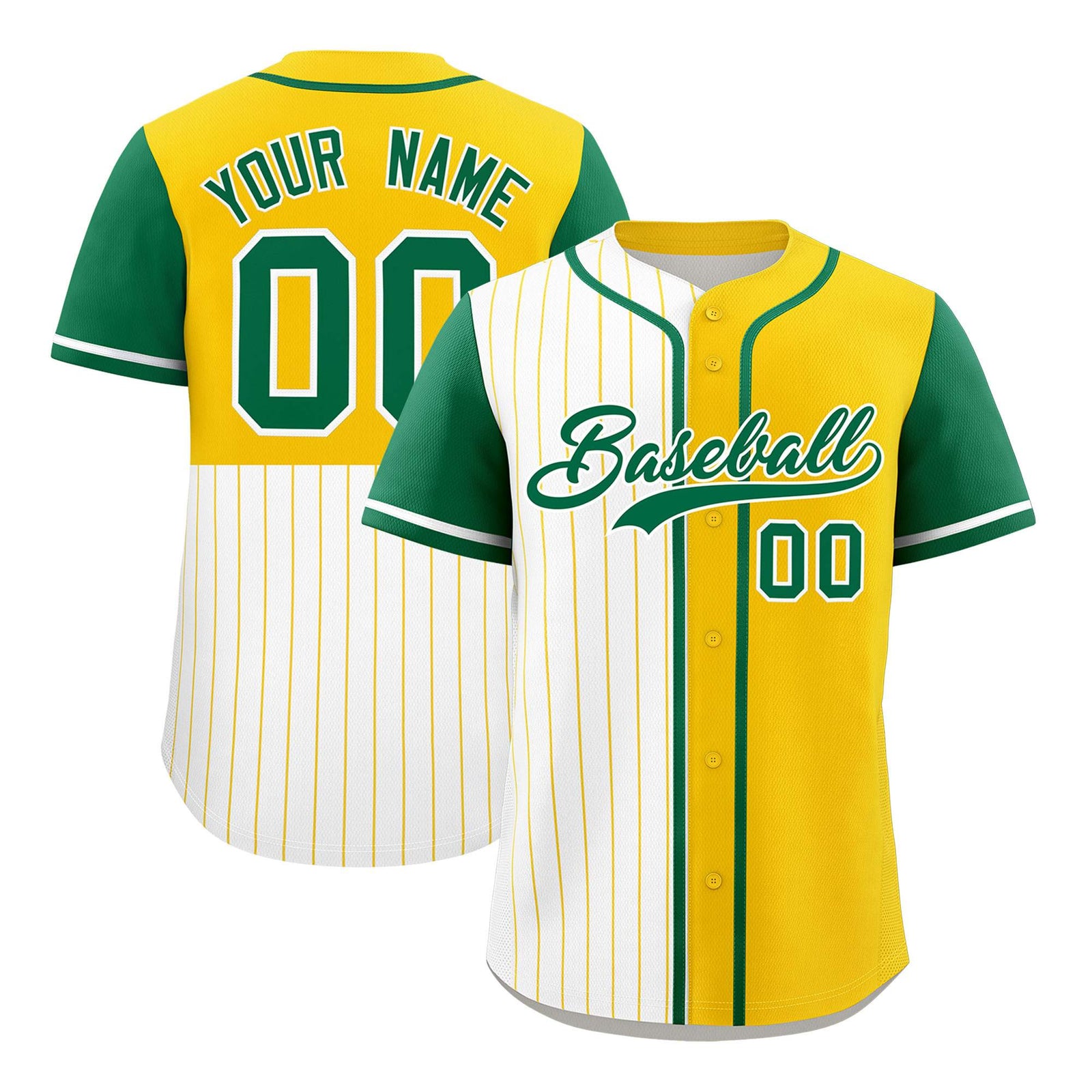 Custom White Gold and Kelly Green Pinstripe Personalized Raglan Sleeves Authentic Baseball Jersey