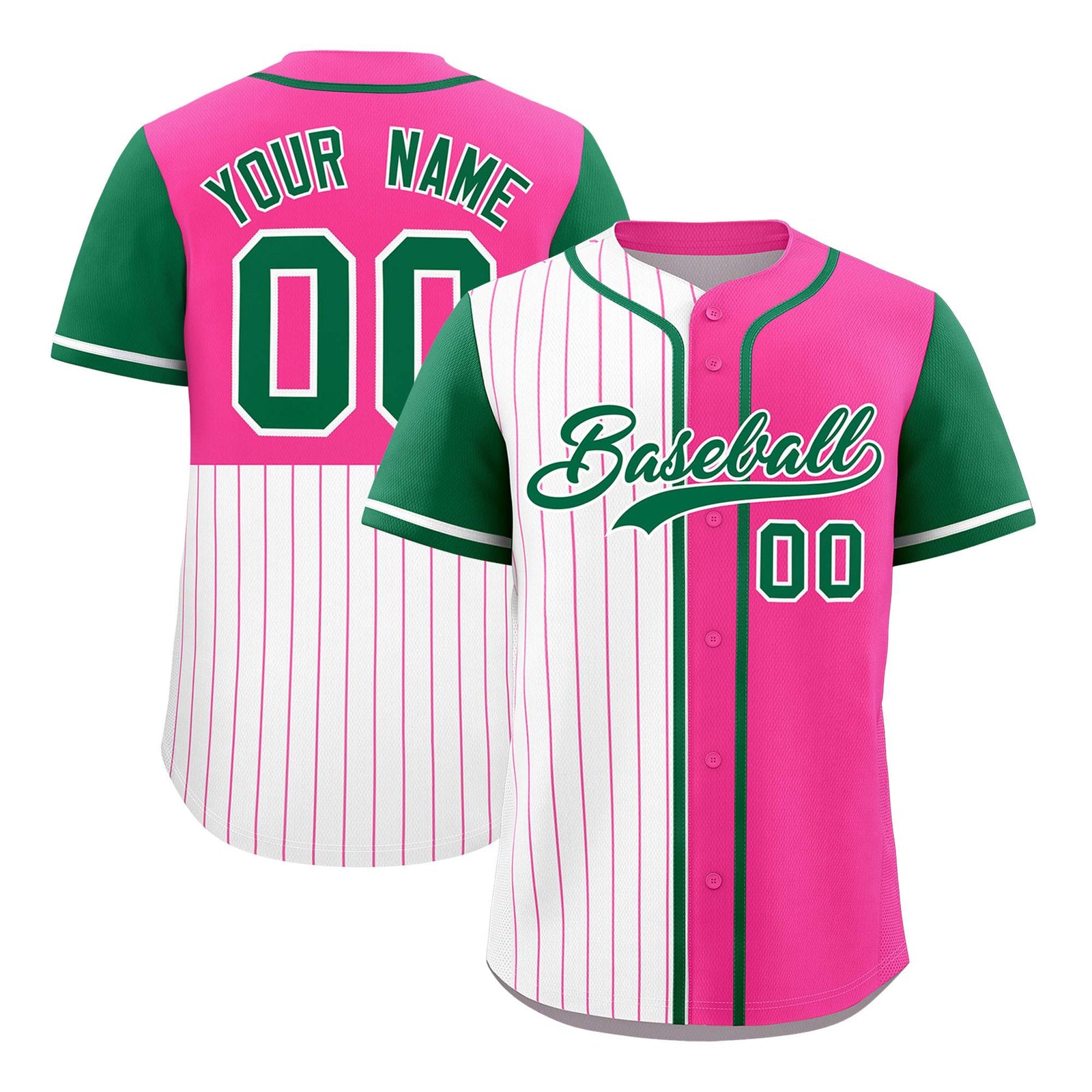 Custom White Pink and Kelly Green Pinstripe Personalized Raglan Sleeves Authentic Baseball Jersey