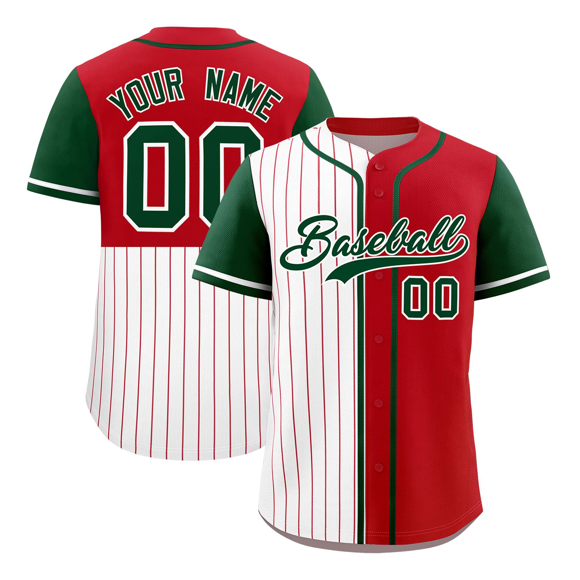 Custom White Red and Green Pinstripe Personalized Raglan Sleeves Authentic Baseball Jersey