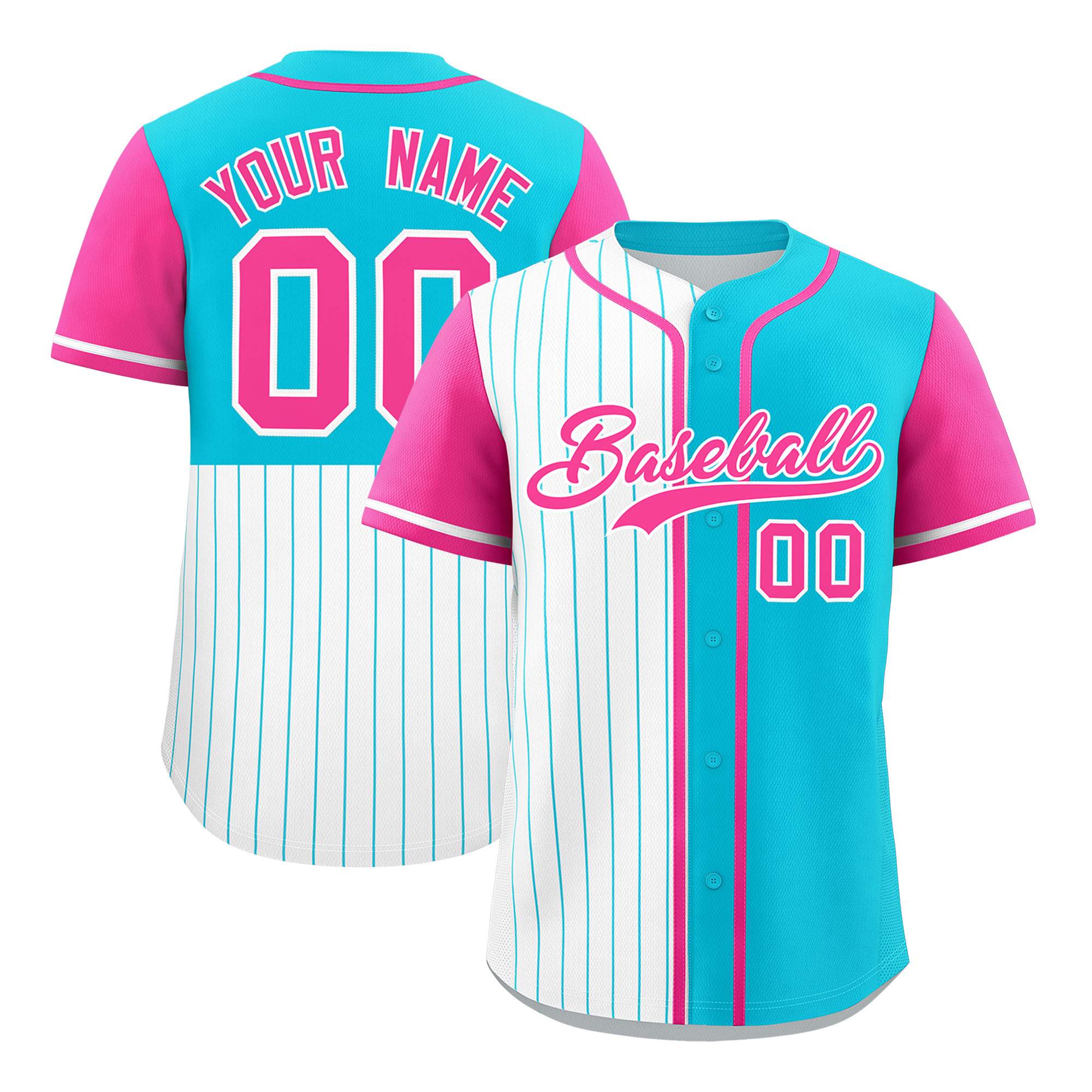 Custom White Sky Blue and Pink Pinstripe Personalized Raglan Sleeves Authentic Baseball Jersey