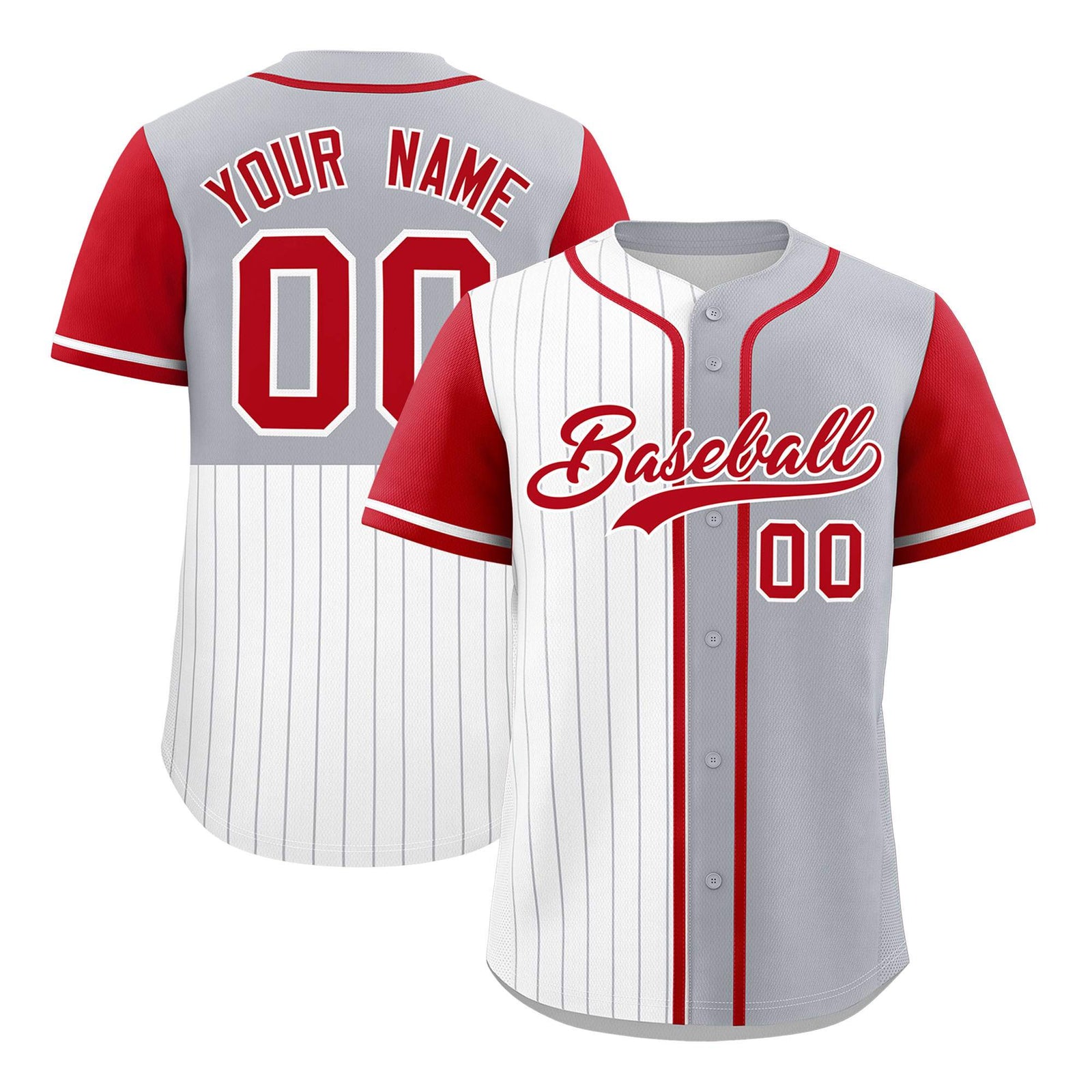 Custom White Gray and Red Pinstripe Personalized Raglan Sleeves Authentic Baseball Jersey