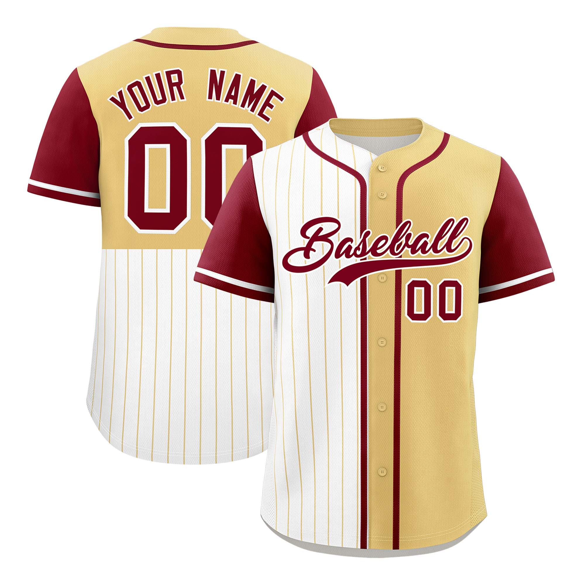 Custom White Khaki and Crimson Pinstripe Personalized Raglan Sleeves Authentic Baseball Jersey