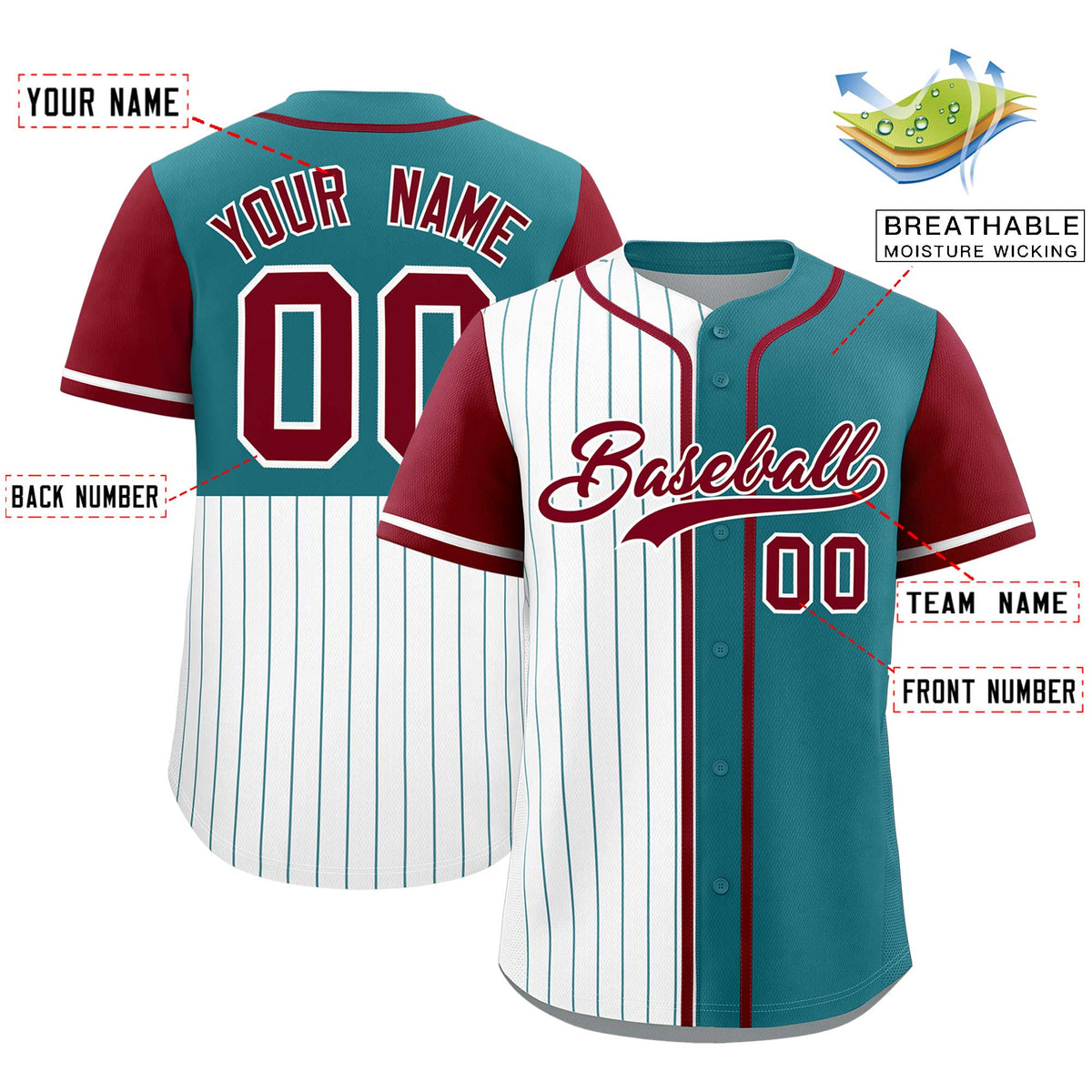 Custom White Teal and Crimson Pinstripe Personalized Raglan Sleeves Authentic Baseball Jersey