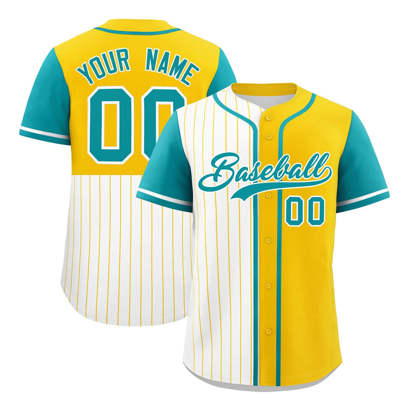 Custom White Gold and Aqua Pinstripe Personalized Raglan Sleeves Authentic Baseball Jersey