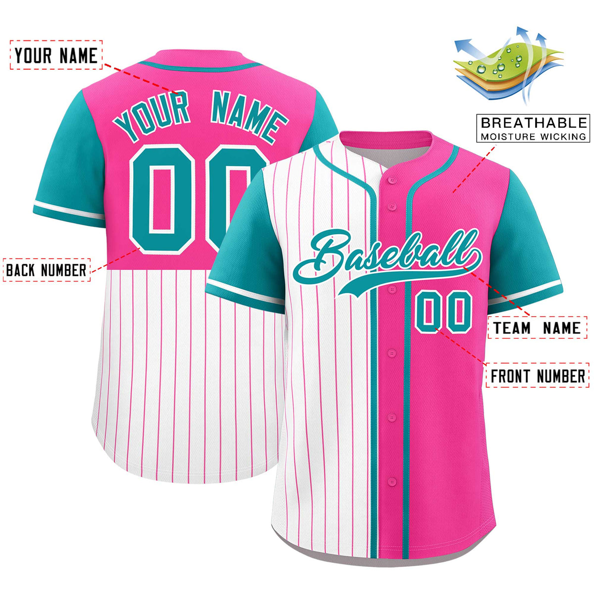 Custom White Pink and Aqua Pinstripe Personalized Raglan Sleeves Authentic Baseball Jersey