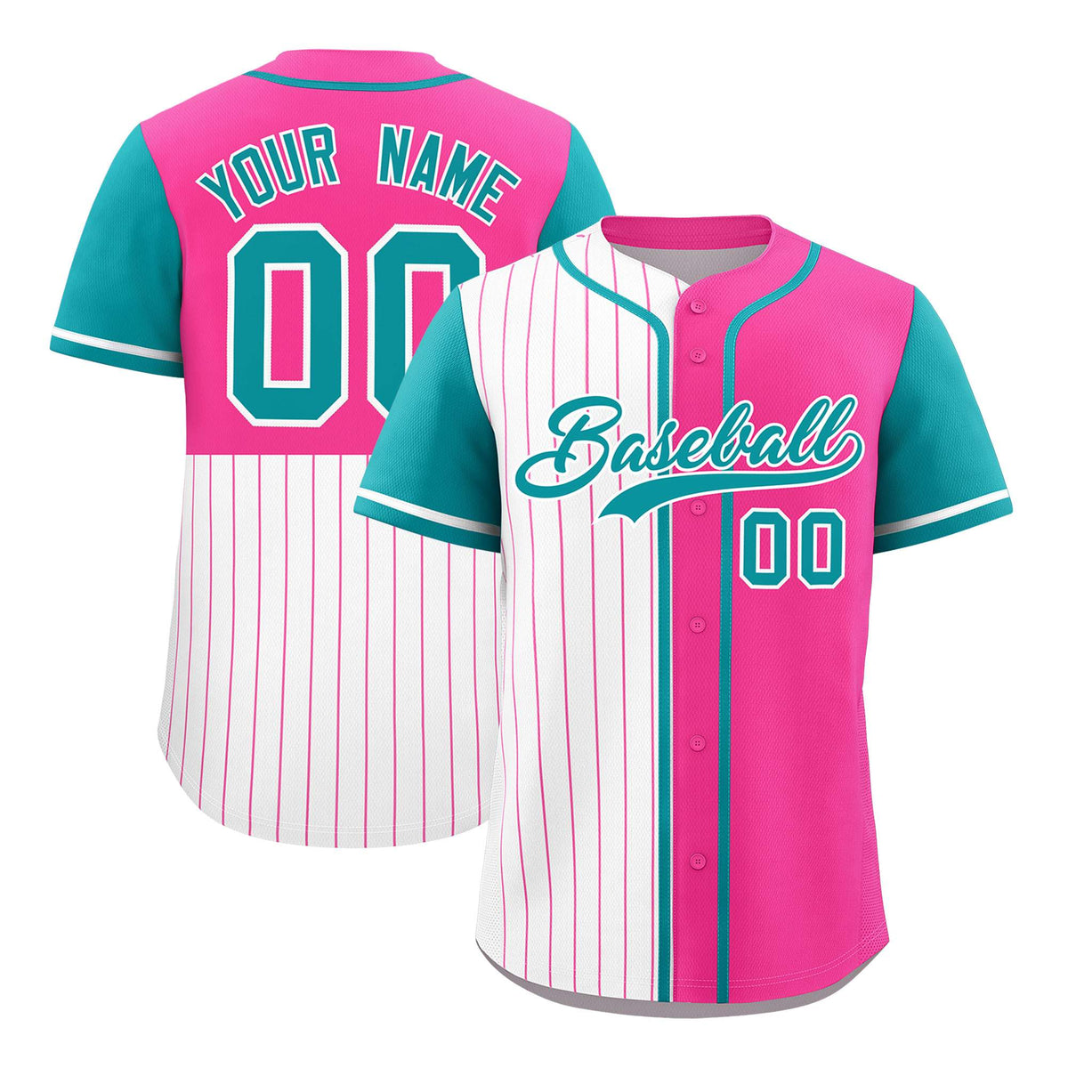 Custom White Pink and Aqua Pinstripe Personalized Raglan Sleeves Authentic Baseball Jersey
