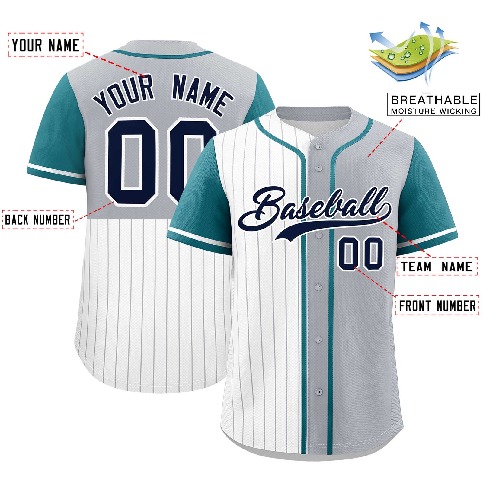 Custom White Gray and Teal Pinstripe Personalized Raglan Sleeves Authentic Baseball Jersey