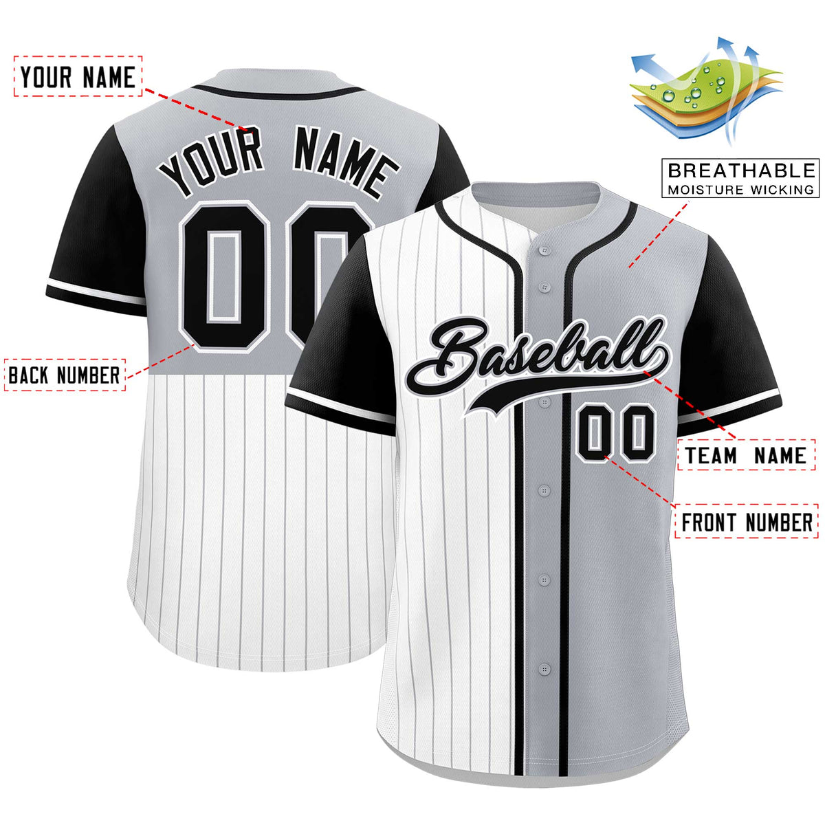 Custom White Gray and Black Pinstripe Personalized Raglan Sleeves Authentic Baseball Jersey