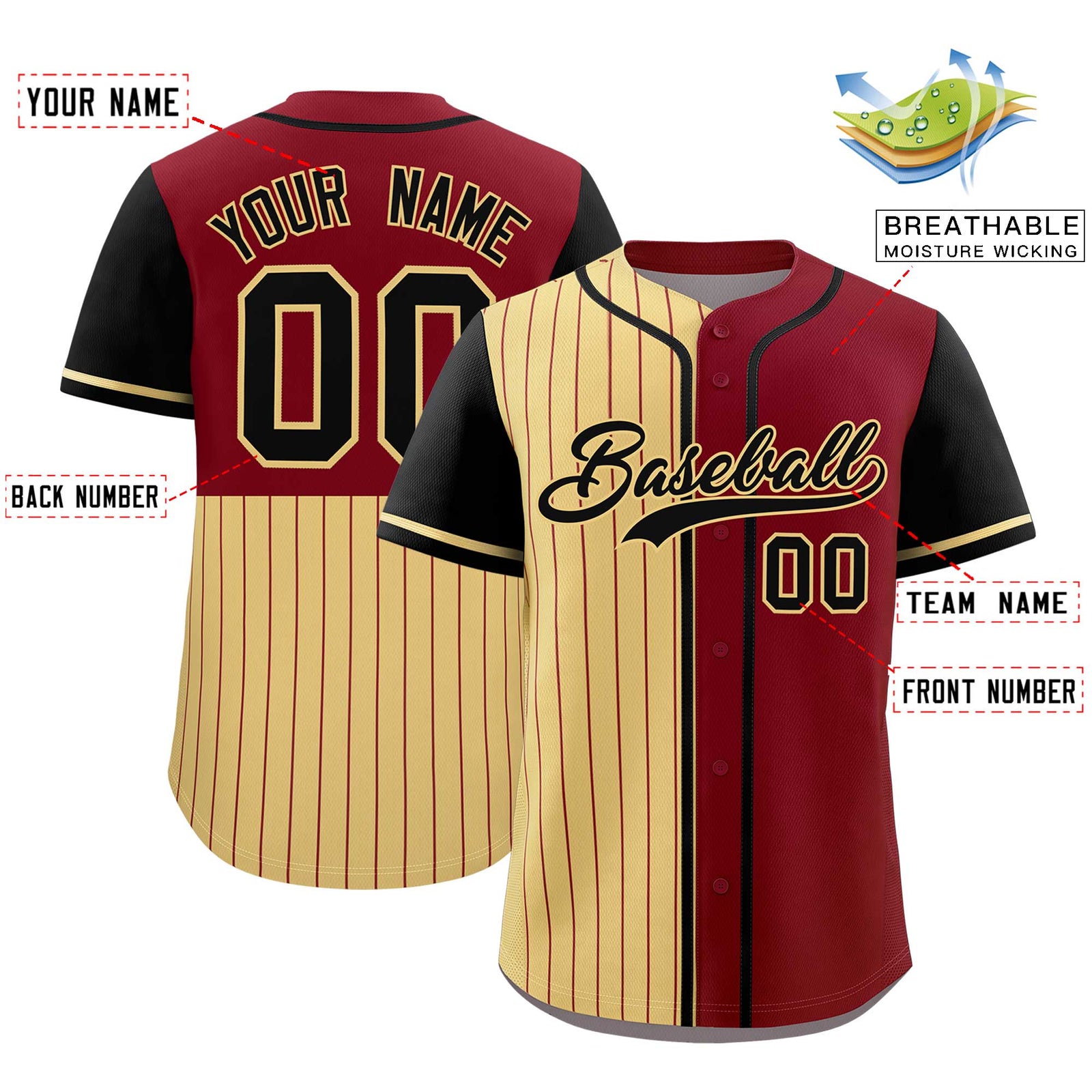 Custom Khaki Crimson and Black Pinstripe Personalized Raglan Sleeves Authentic Baseball Jersey