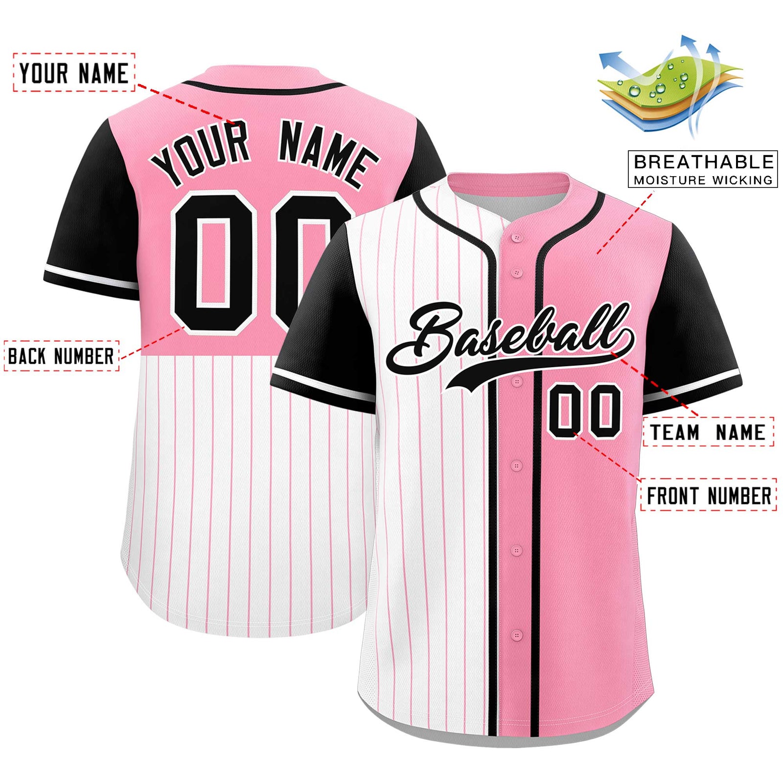 Custom White Light Pink and Black Pinstripe Personalized Raglan Sleeves Authentic Baseball Jersey