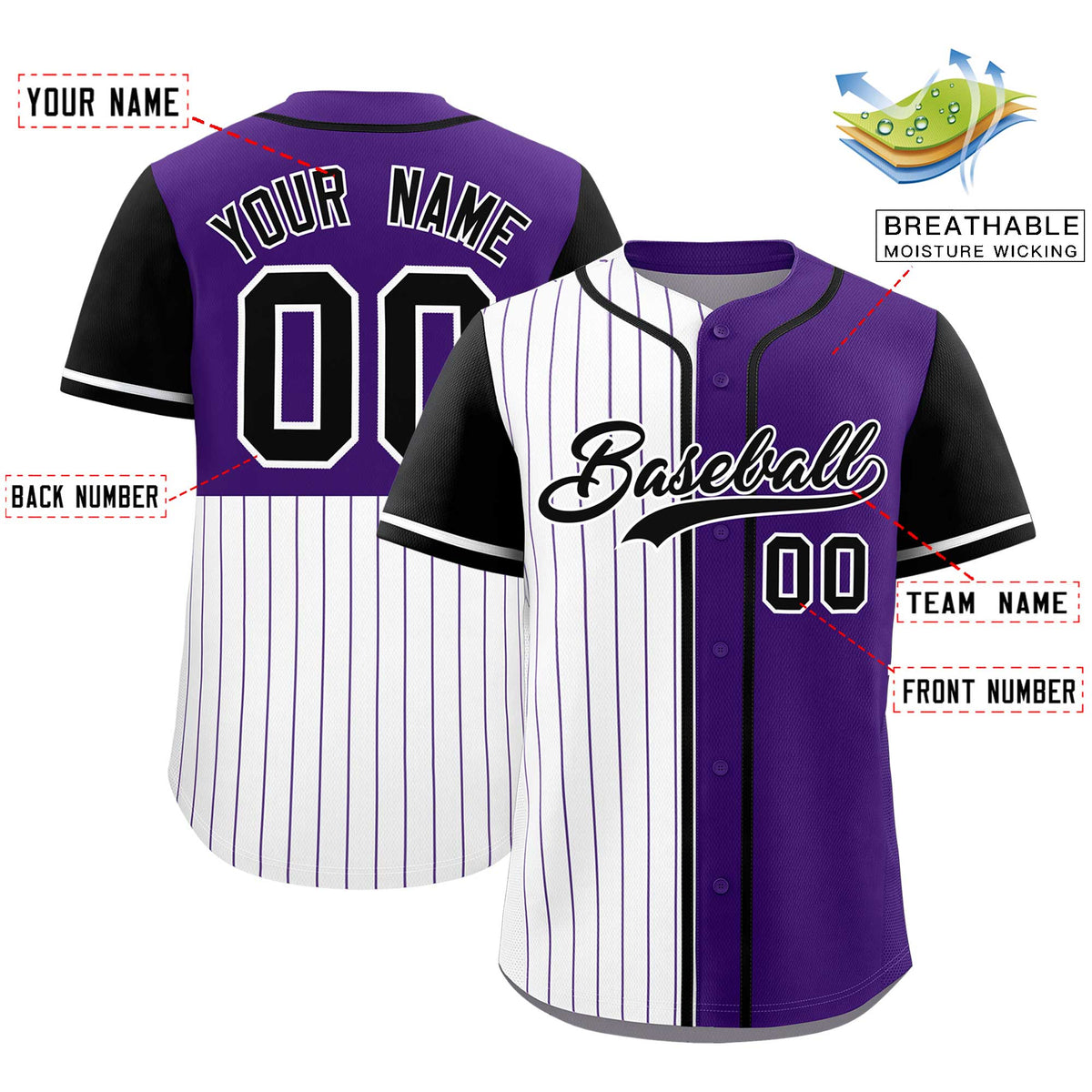 Custom White Purple and Black Pinstripe Personalized Raglan Sleeves Authentic Baseball Jersey