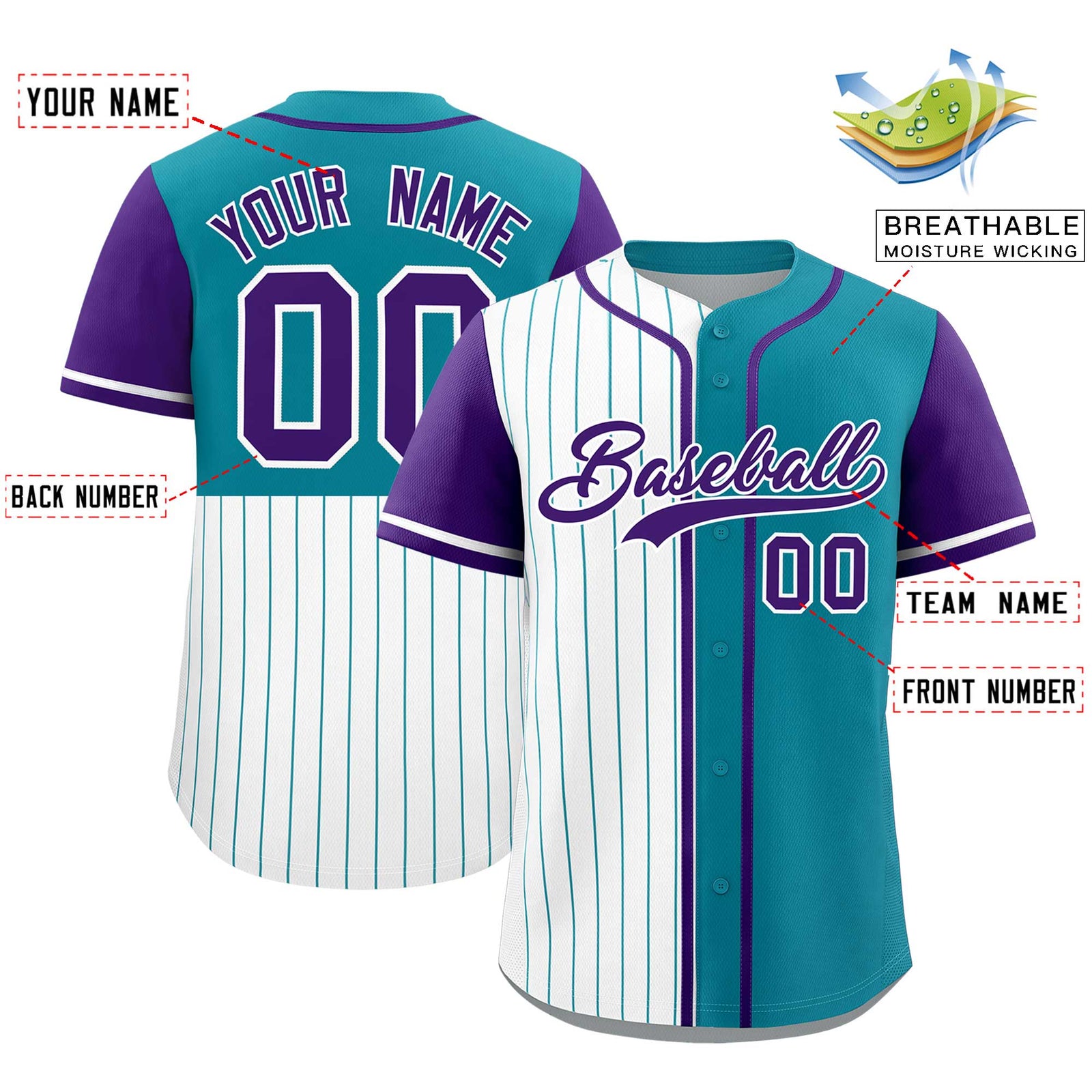 Custom White Teal and Purple Pinstripe Personalized Raglan Sleeves Authentic Baseball Jersey