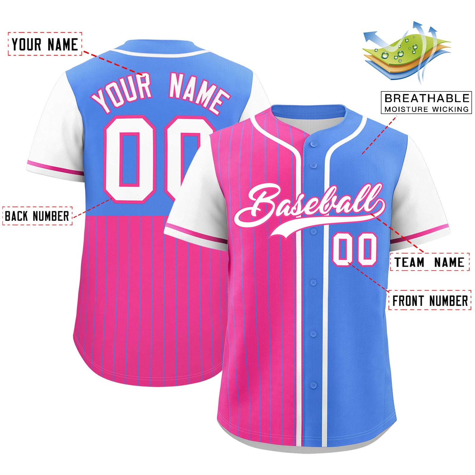 Custom Pink Powder Blue and White Pinstripe Personalized Raglan Sleeves Authentic Baseball Jersey