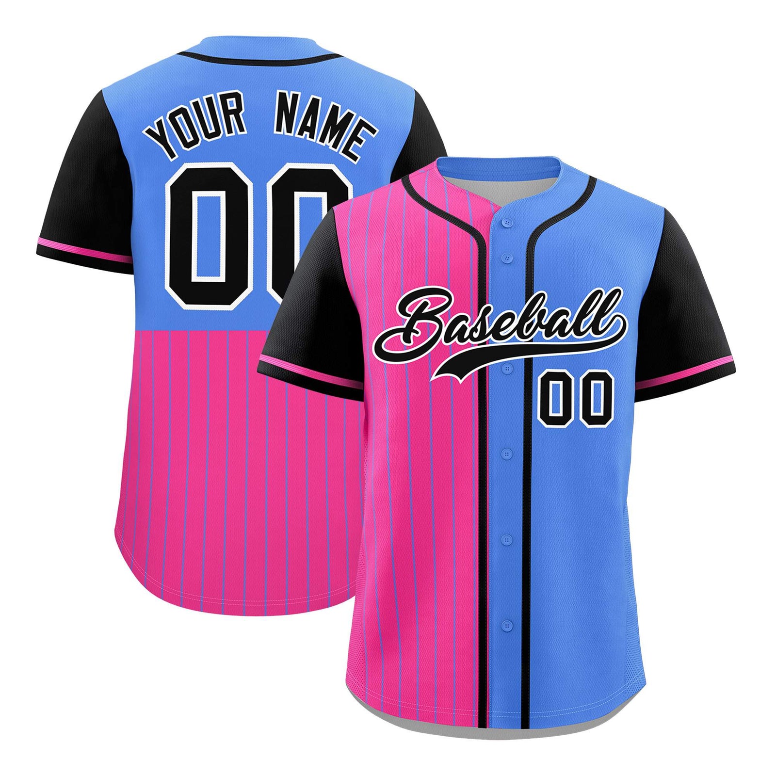 Custom Pink Powder Blue and Black Pinstripe Personalized Raglan Sleeves Authentic Baseball Jersey