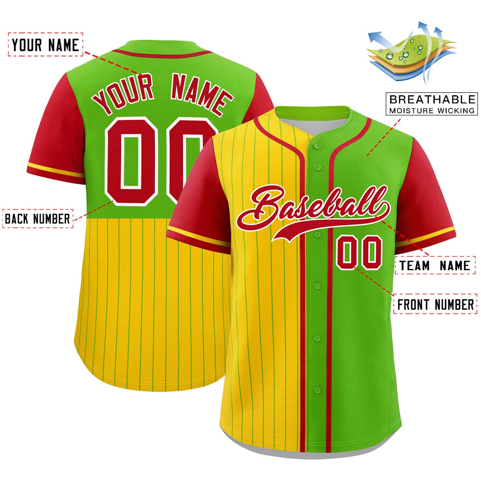 Custom Gold Neon Green and Red Pinstripe Personalized Raglan Sleeves Authentic Baseball Jersey