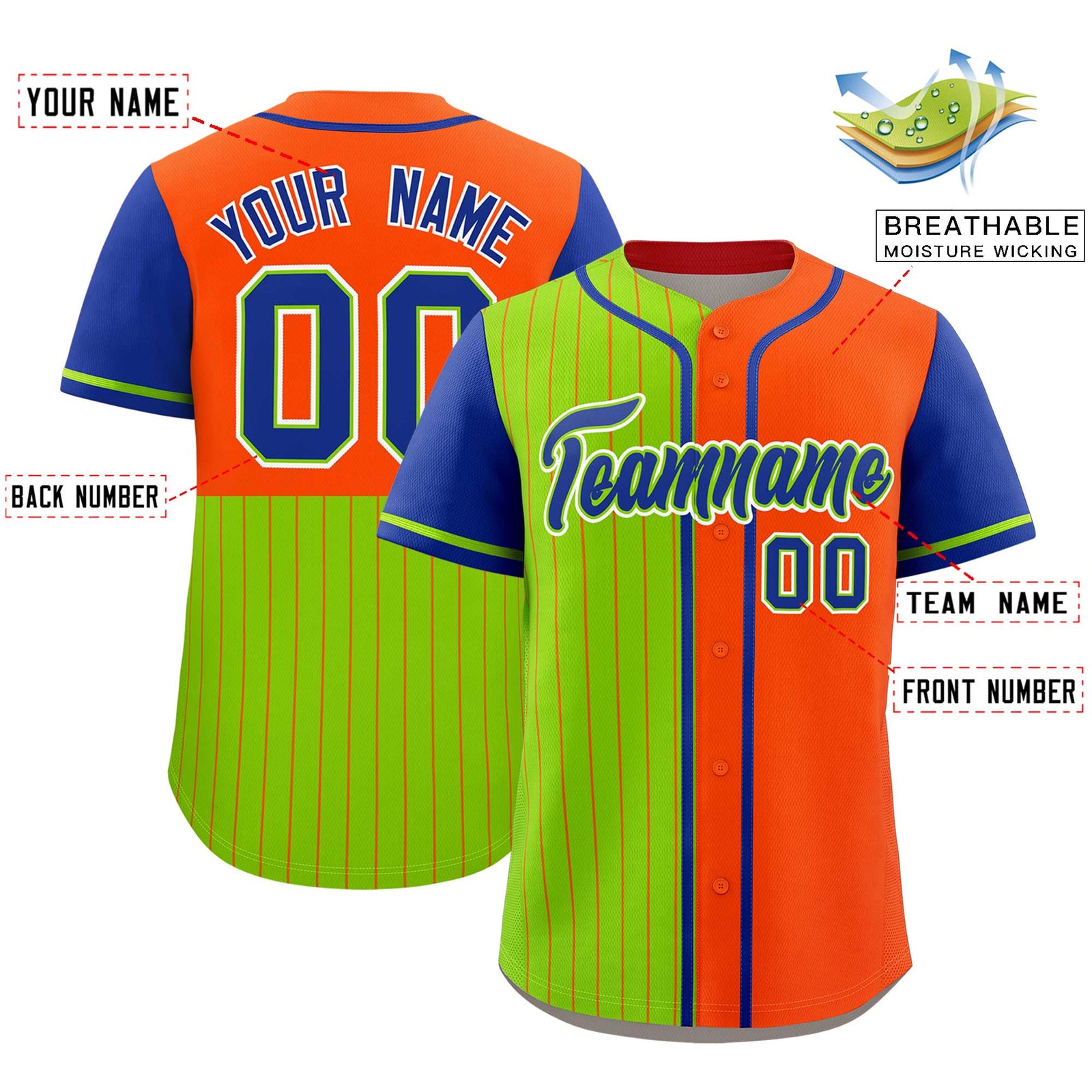 Custom Neon Green Orange and Royal Pinstripe Personalized Raglan Sleeves Authentic Baseball Jersey