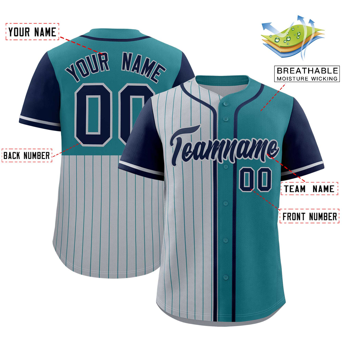 Custom Gray Teal and Navy Pinstripe Personalized Raglan Sleeves Authentic Baseball Jersey