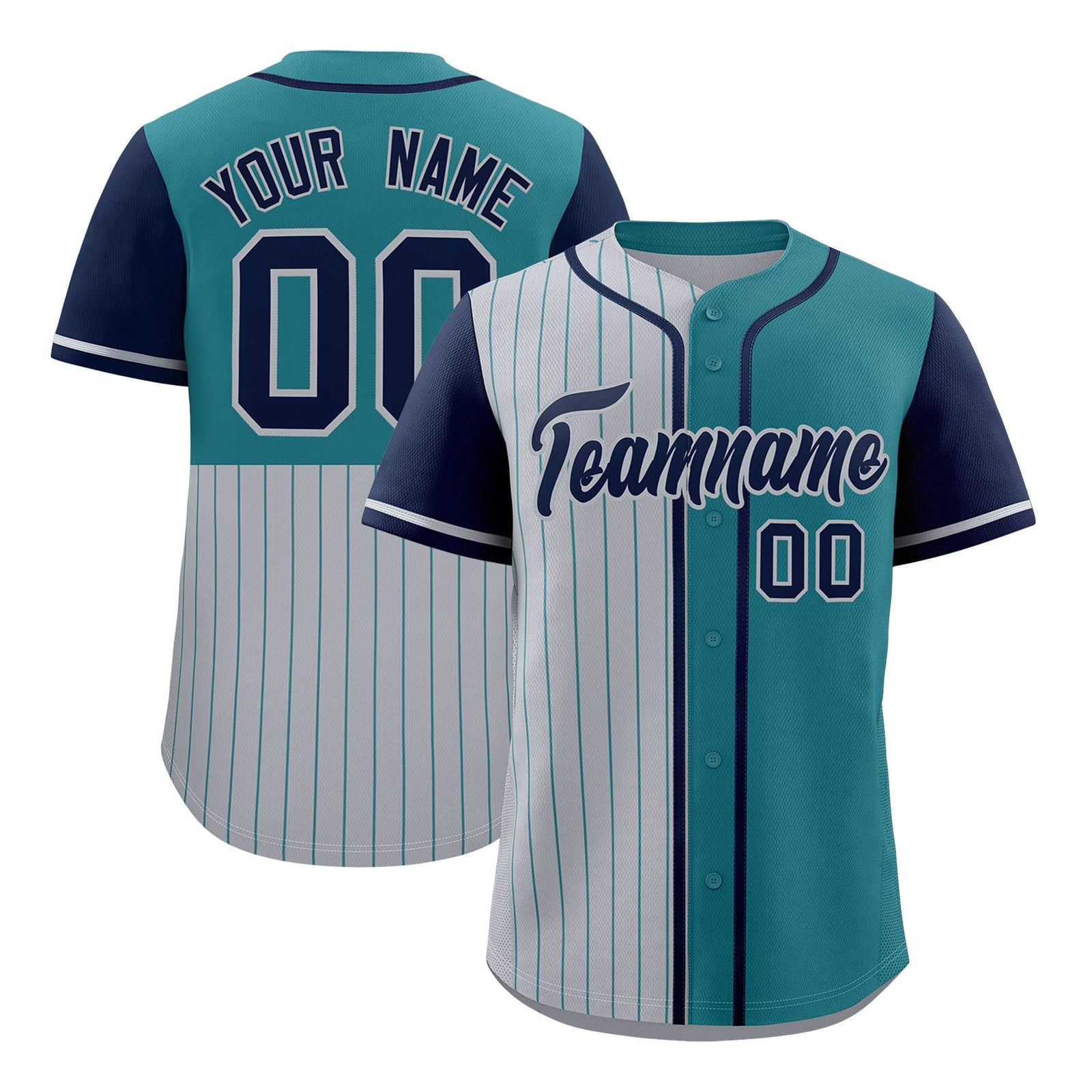 Custom Gray Teal and Navy Pinstripe Personalized Raglan Sleeves Authentic Baseball Jersey