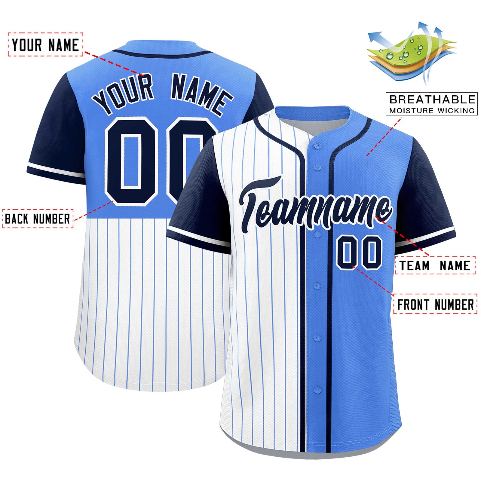 Custom White Powder Blue and Navy Pinstripe Personalized Raglan Sleeves Authentic Baseball Jersey