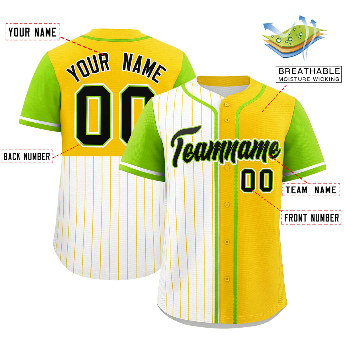 Custom White Gold and Neon Green Pinstripe Personalized Raglan Sleeves Authentic Baseball Jersey