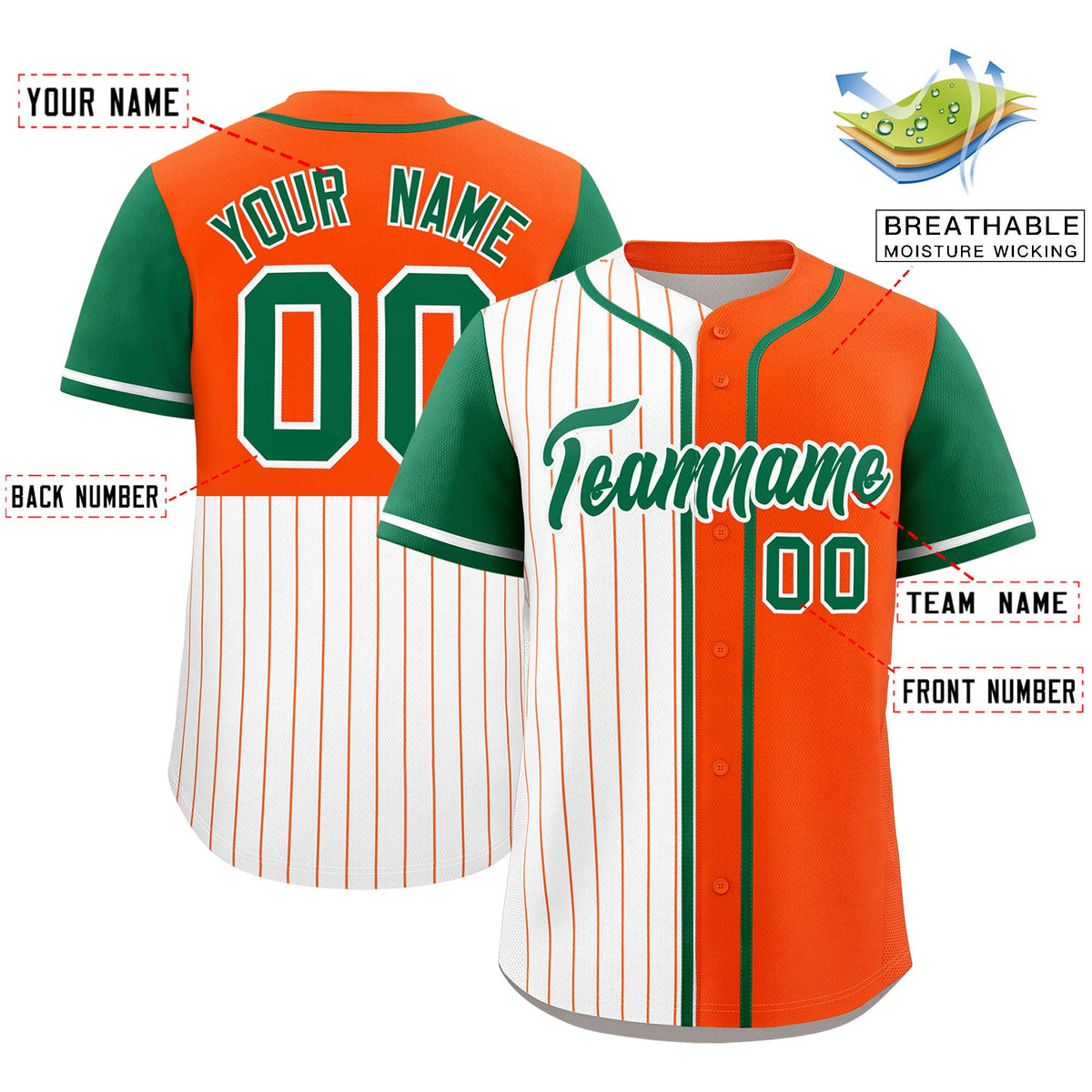 Custom White Orange and Kelly Green Pinstripe Personalized Raglan Sleeves Authentic Baseball Jersey