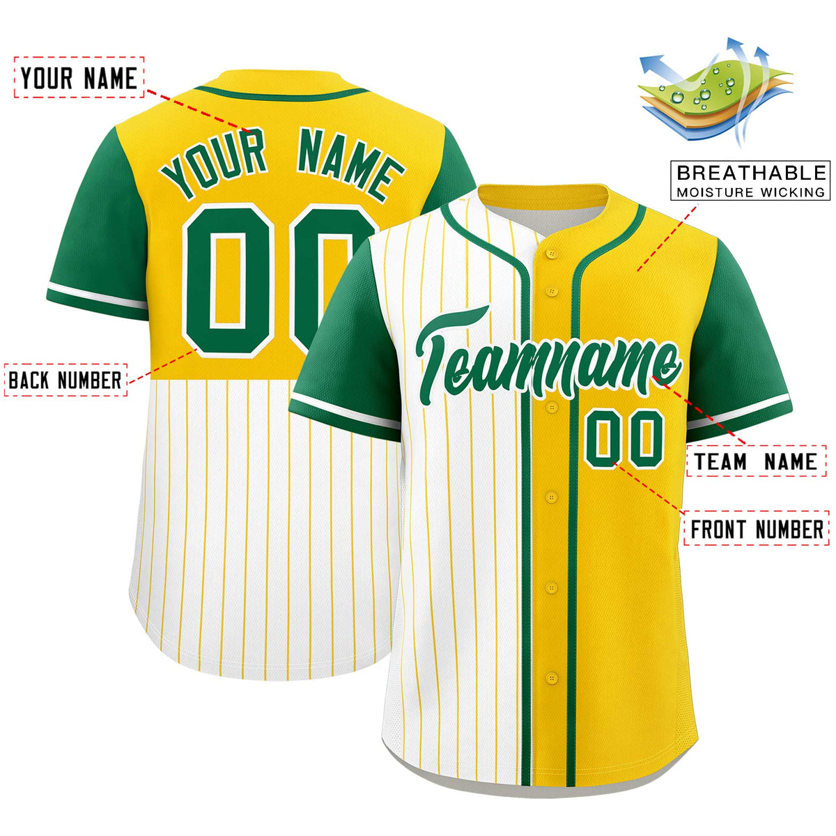 Custom White Gold and Kelly Green Pinstripe Personalized Raglan Sleeves Authentic Baseball Jersey