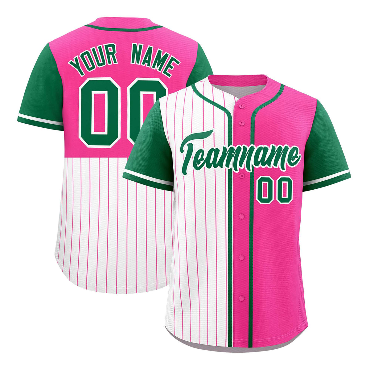 Custom White Pink and Kelly Green Pinstripe Personalized Raglan Sleeves Authentic Baseball Jersey
