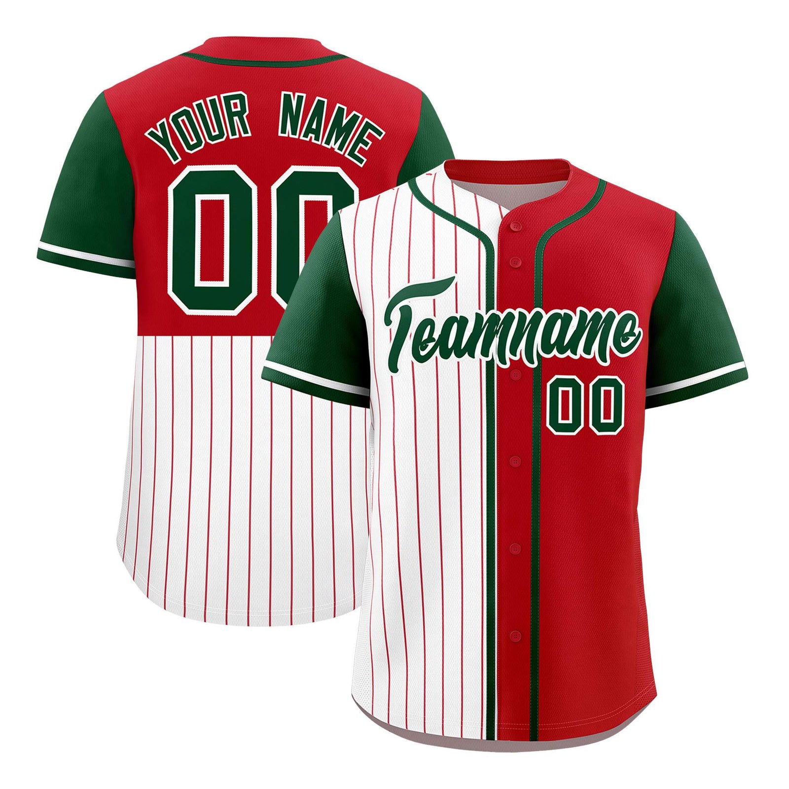 Custom White Red and Green Pinstripe Personalized Raglan Sleeves Authentic Baseball Jersey