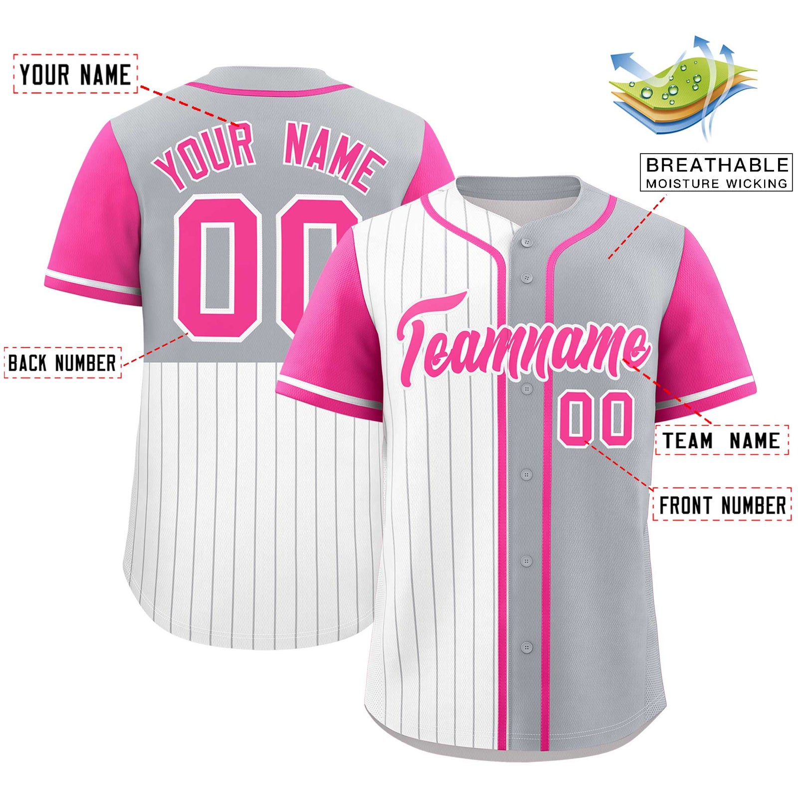 Custom White Gray and Pink Pinstripe Personalized Raglan Sleeves Authentic Baseball Jersey