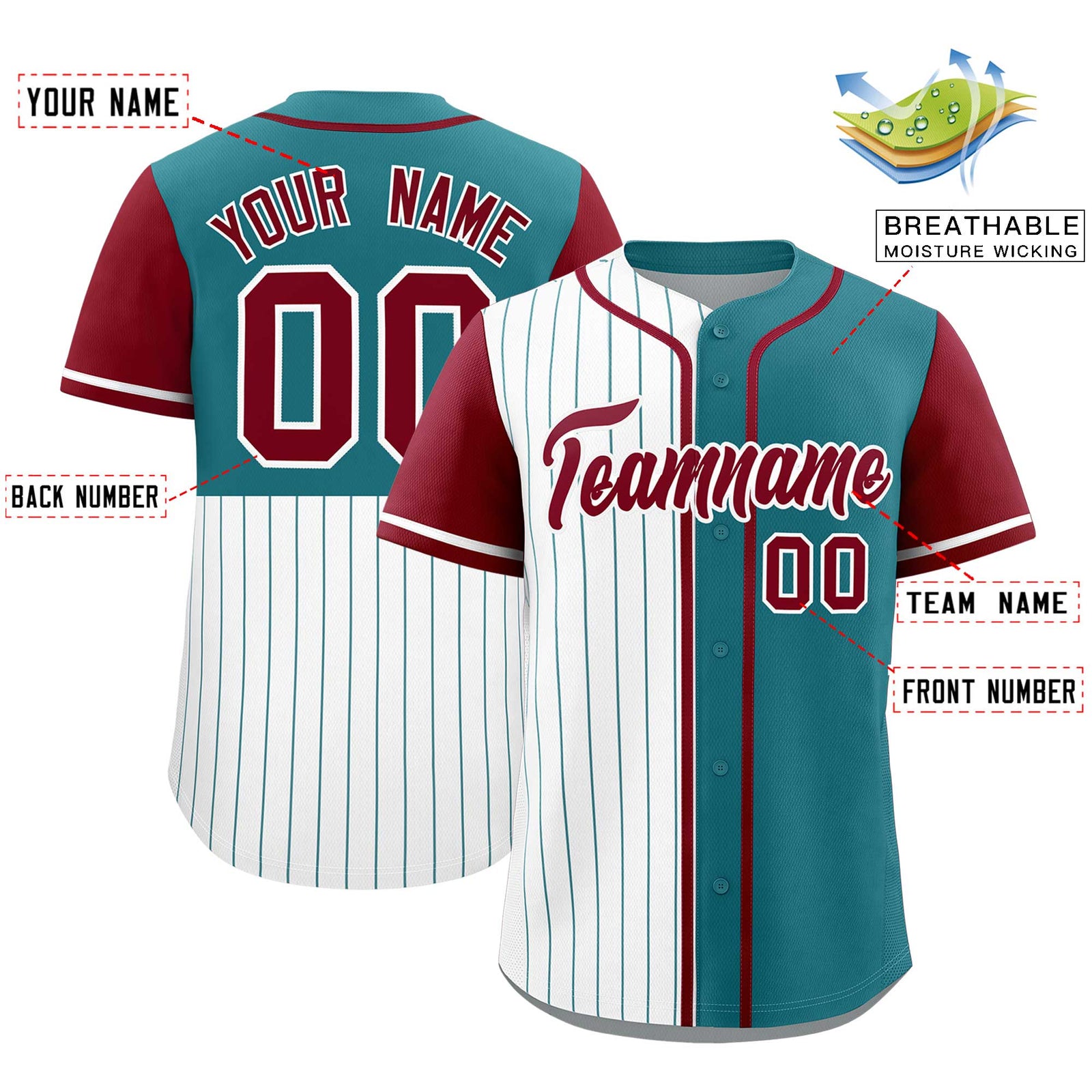 Custom White Teal and Crimson Pinstripe Personalized Raglan Sleeves Authentic Baseball Jersey