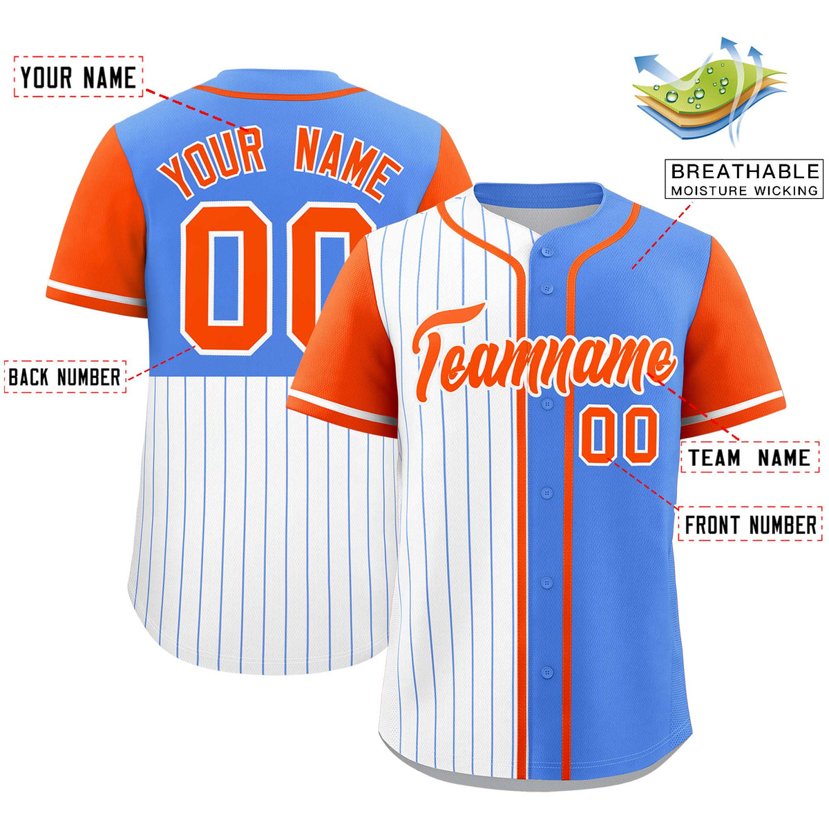 Custom White Powder Blue and Orange Pinstripe Personalized Raglan Sleeves Authentic Baseball Jersey