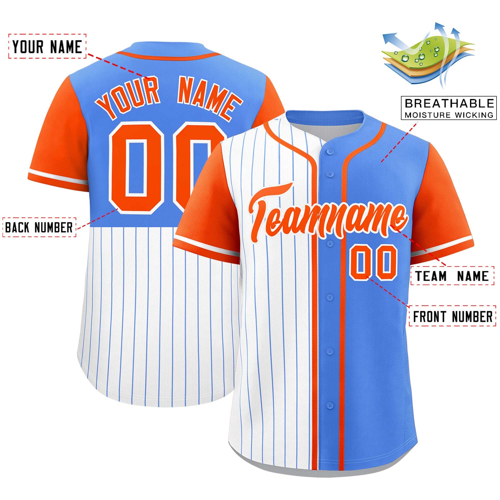 Custom White Powder Blue and Orange Pinstripe Personalized Raglan Sleeves Authentic Baseball Jersey