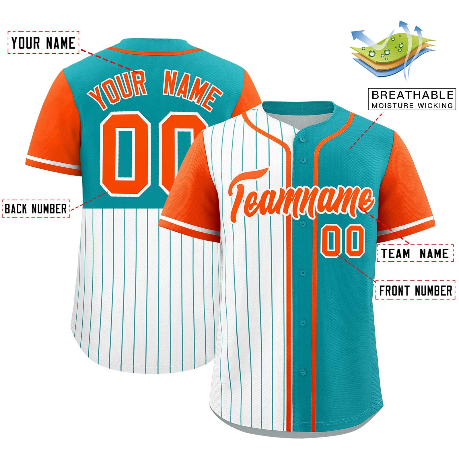 Custom White Aqua and Orange Pinstripe Personalized Raglan Sleeves Authentic Baseball Jersey