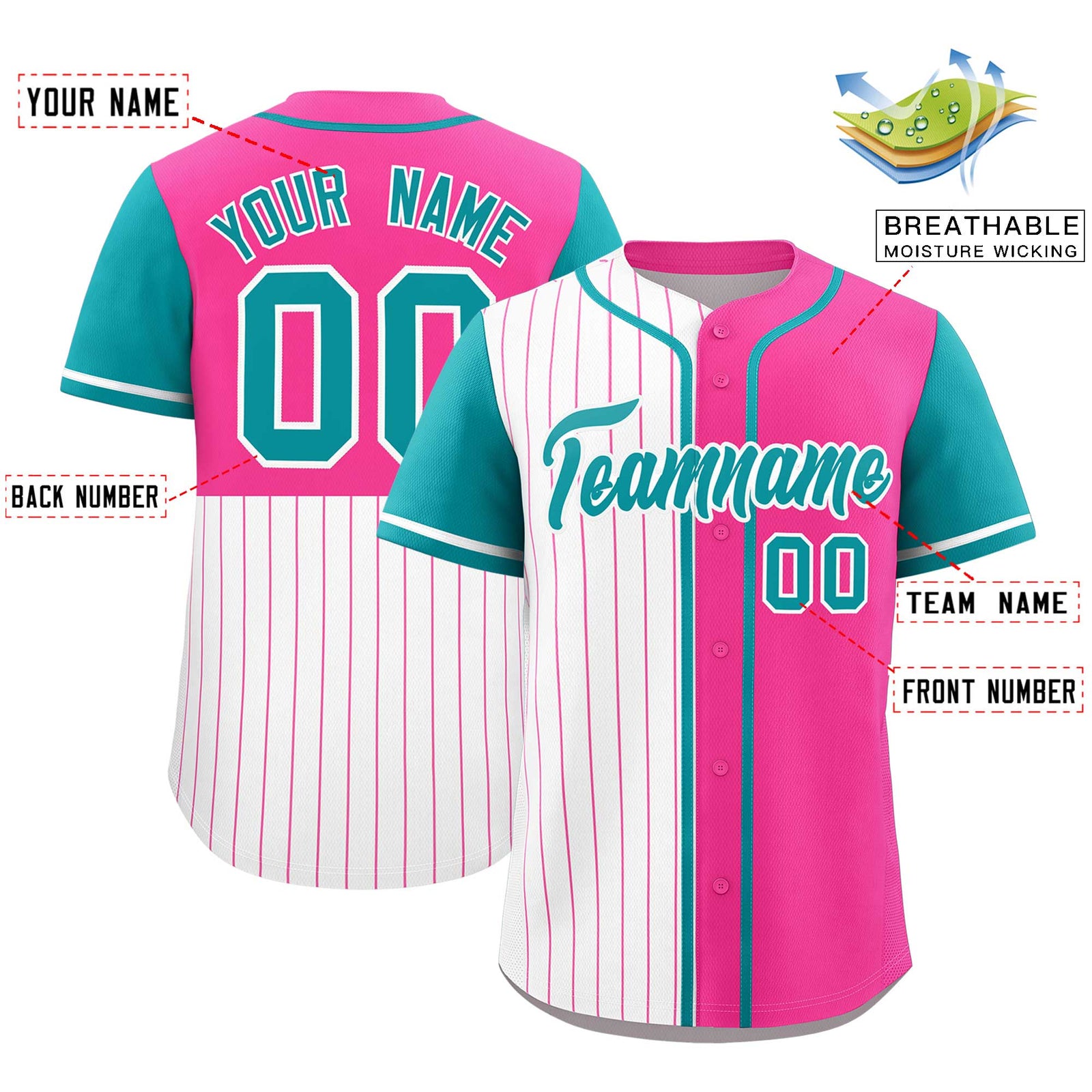 Custom White Pink and Aqua Pinstripe Personalized Raglan Sleeves Authentic Baseball Jersey