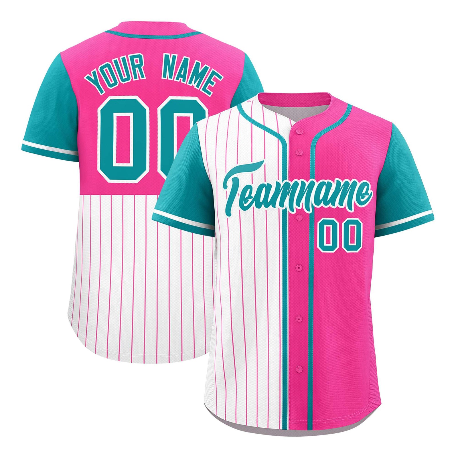 Custom White Pink and Aqua Pinstripe Personalized Raglan Sleeves Authentic Baseball Jersey