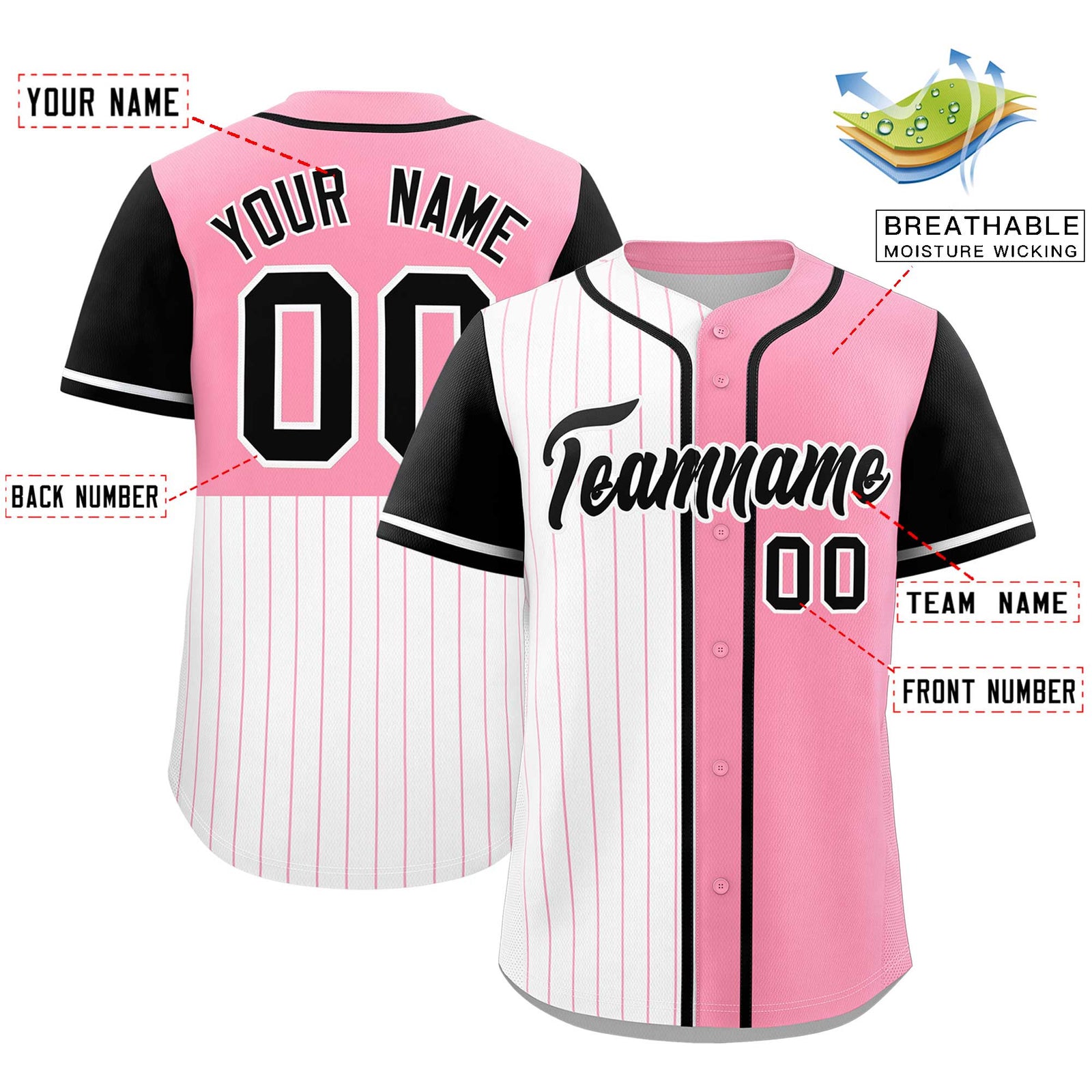 Custom White Light Pink and Black Pinstripe Personalized Raglan Sleeves Authentic Baseball Jersey