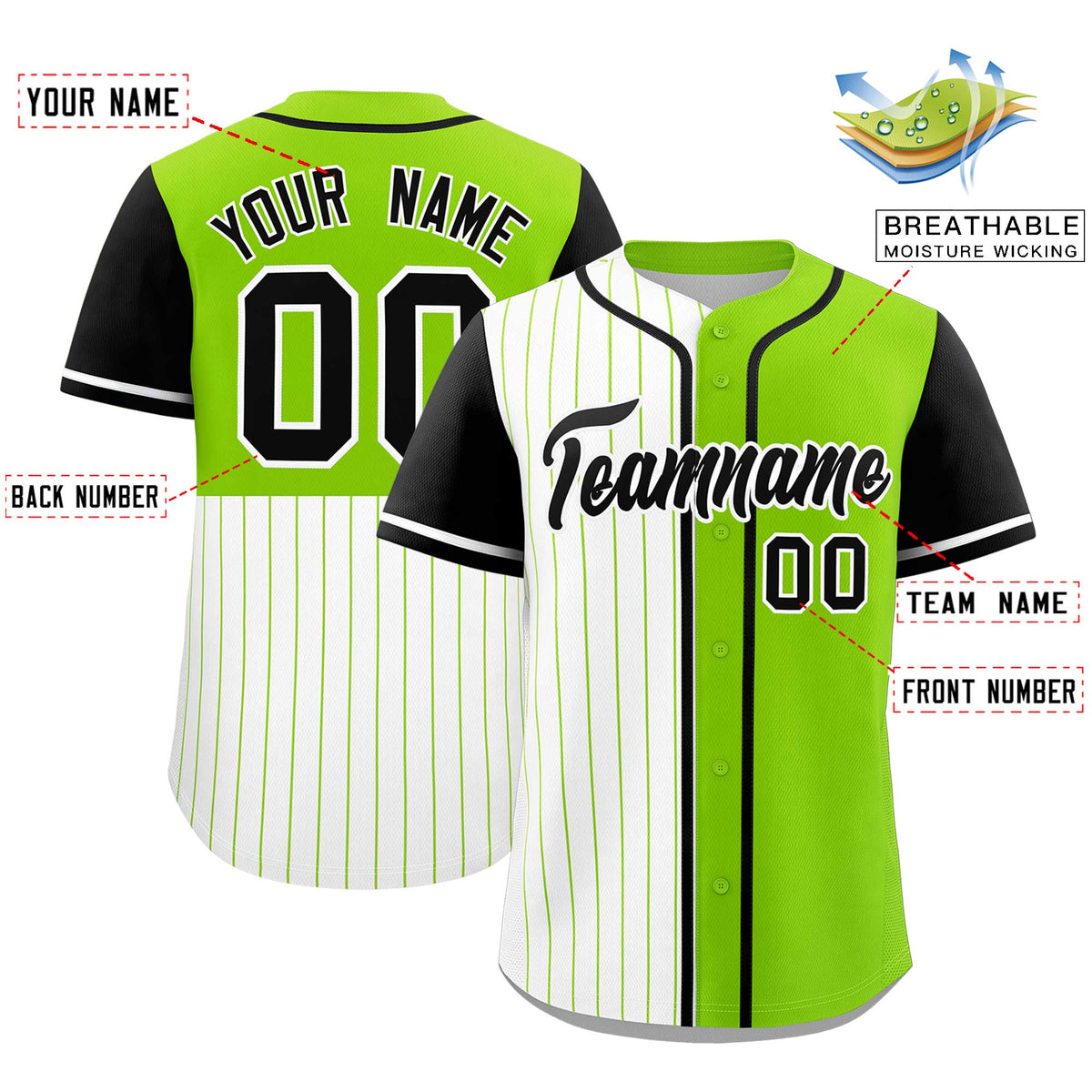 Custom White Neon Green and Black Pinstripe Personalized Raglan Sleeves Authentic Baseball Jersey