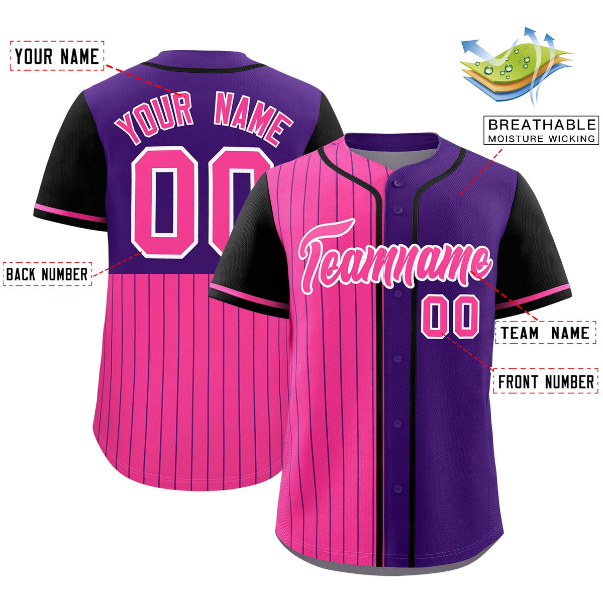 Custom Pink Purple and Black Pinstripe Personalized Raglan Sleeves Authentic Baseball Jersey