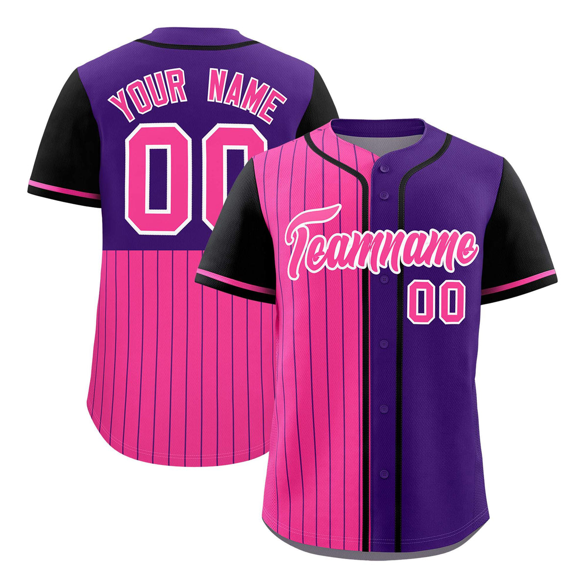 Custom Pink Purple and Black Pinstripe Personalized Raglan Sleeves Authentic Baseball Jersey
