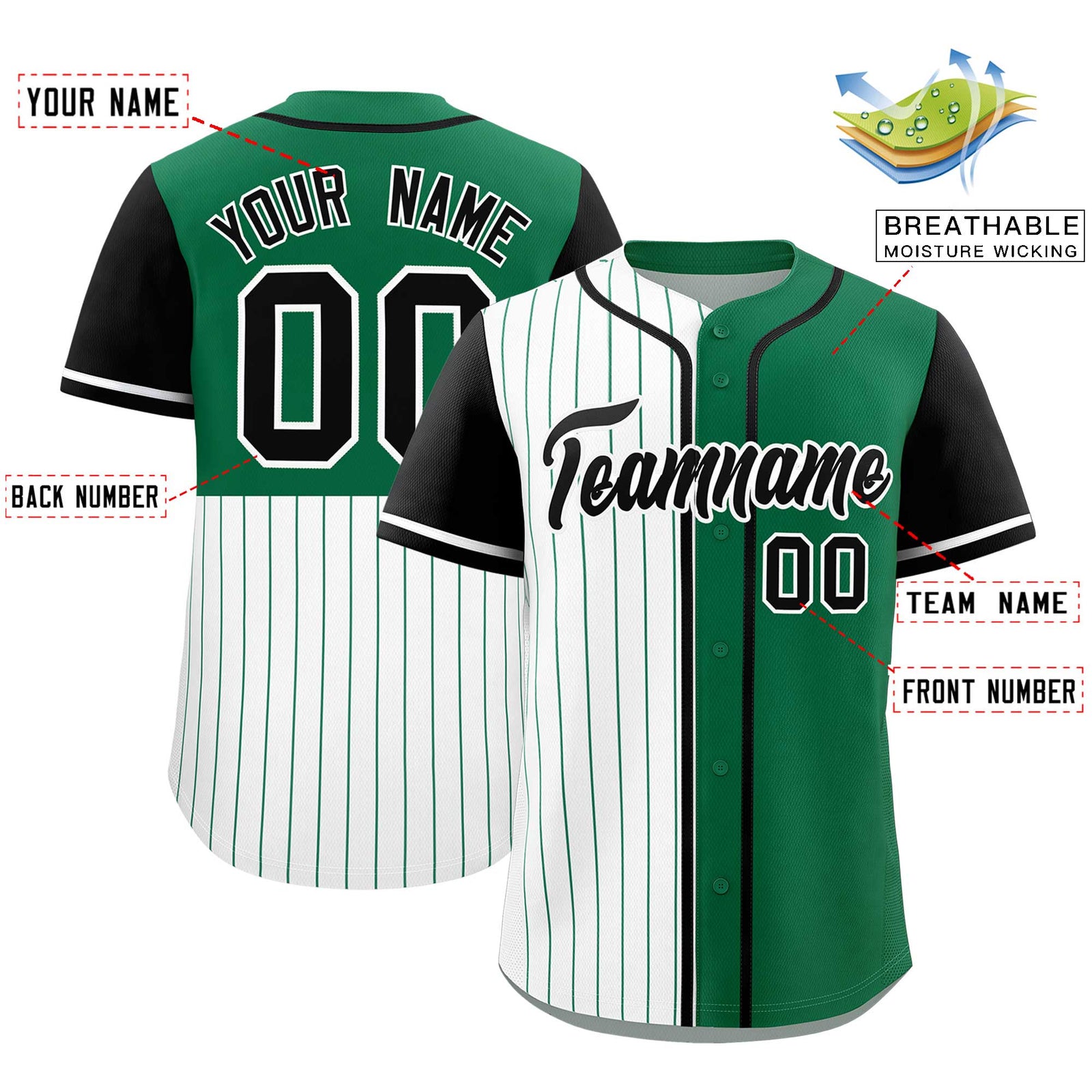Custom White Kelly Green and Black Pinstripe Personalized Raglan Sleeves Authentic Baseball Jersey