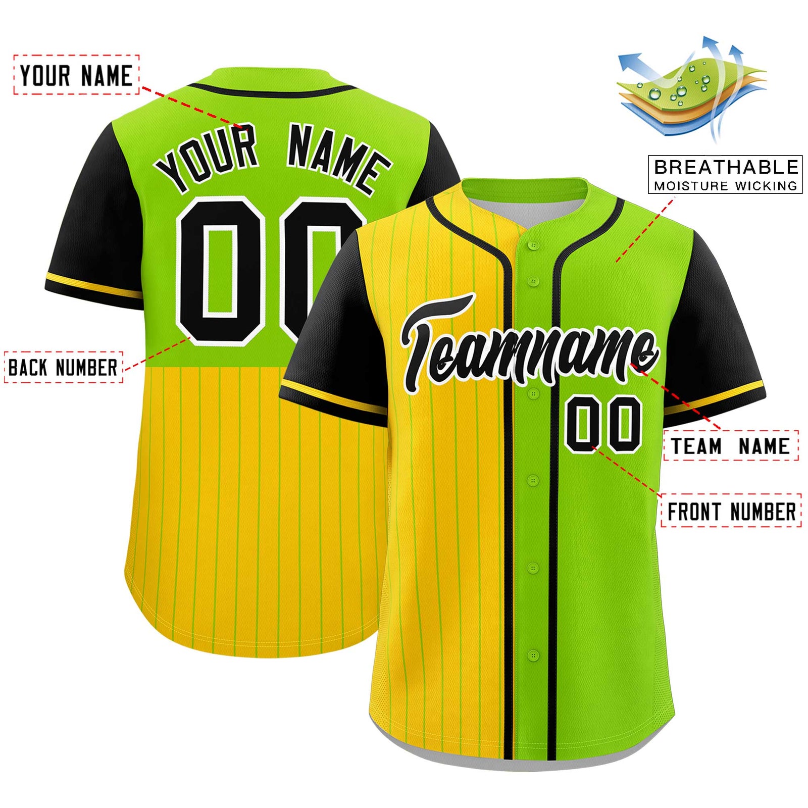 Custom Gold Neon Green and Black Pinstripe Personalized Raglan Sleeves Authentic Baseball Jersey