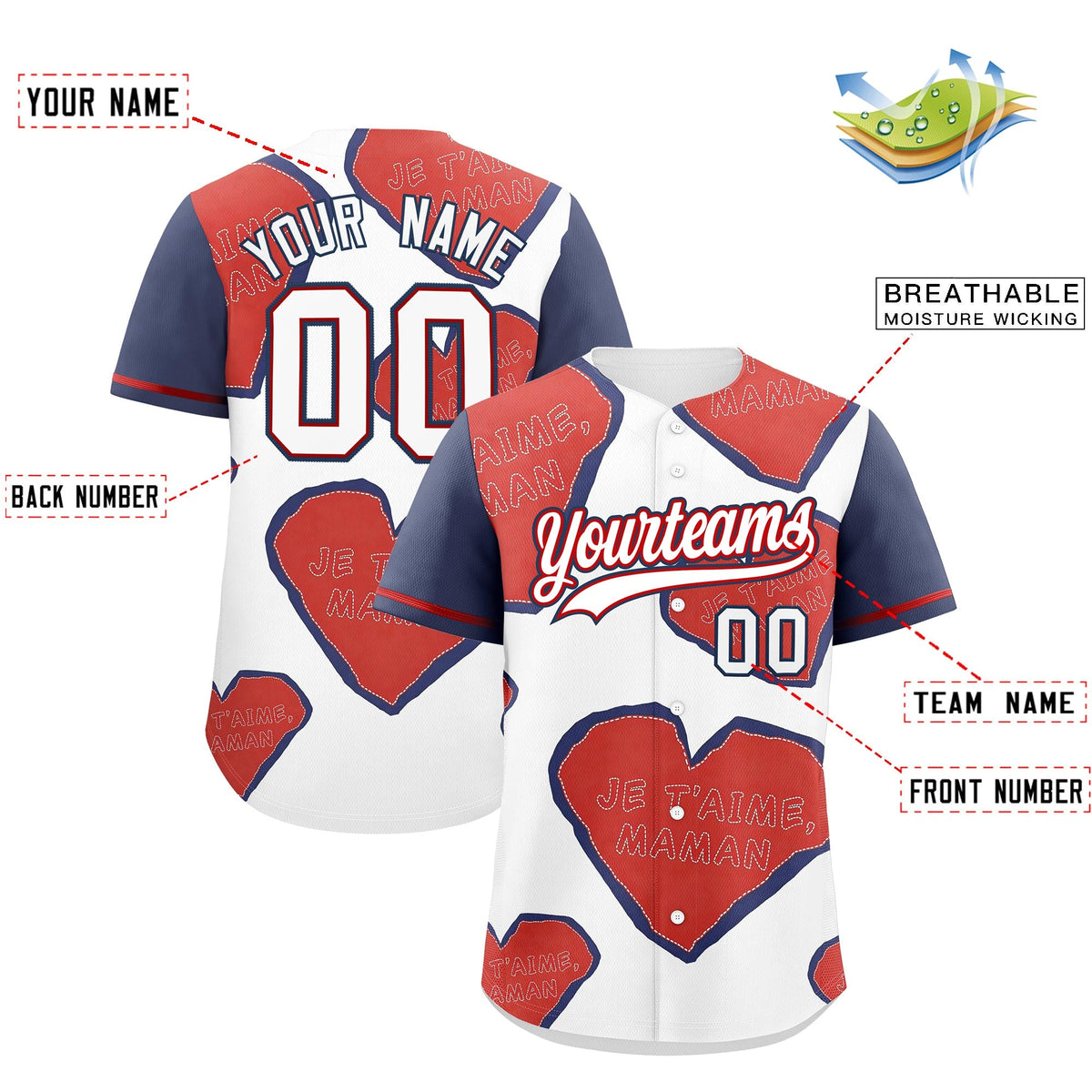 Custom White Red Midnight Blue Mother's Day Style Graffiti Pattern Moisture-Wicking Baseball Jersey| KXKSHOP