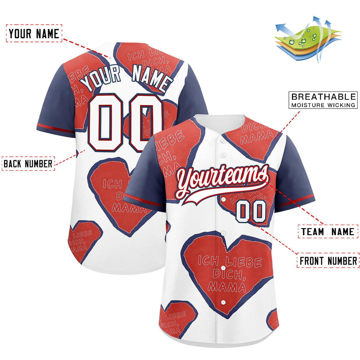 Custom White Red Midnight Blue Mother's Day Style Graffiti Pattern Stretch Fabric Baseball Jersey| KXKSHOP