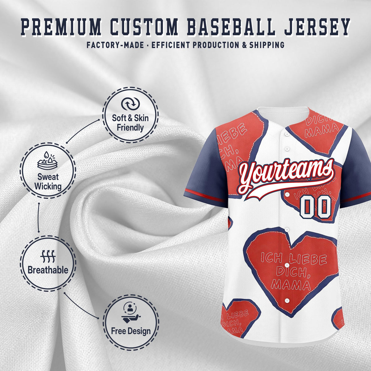 Custom White Red Midnight Blue Mother's Day Style Graffiti Pattern Stretch Fabric Baseball Jersey| KXKSHOP