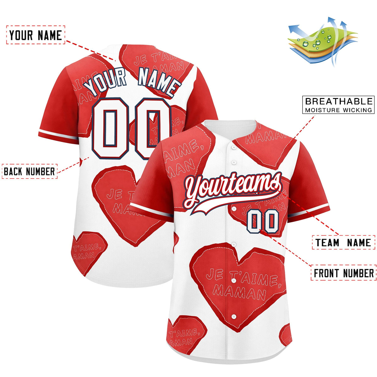 Custom White Red Mother's Day Style Graffiti Pattern Moisture-Wicking Baseball Jersey| KXKSHOP