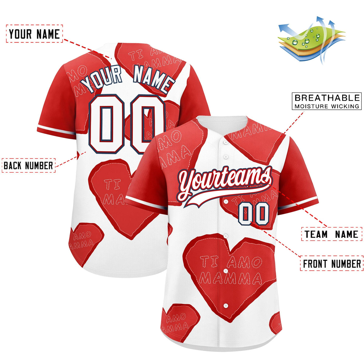 Custom White Red Mother's Day Style Graffiti Pattern Moisture-Wicking Baseball Jersey| KXKSHOP