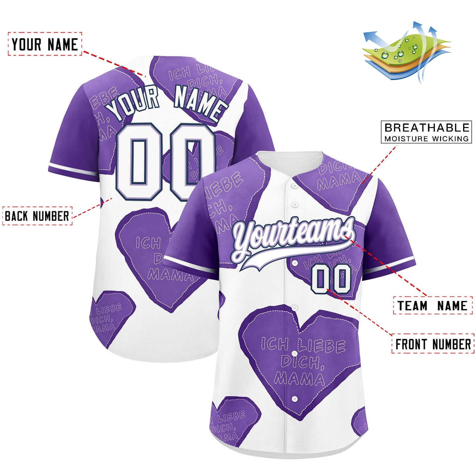Custom White Light Purple Mother's Day Style Graffiti Pattern Stretch Fabric Baseball Jersey| KXKSHOP